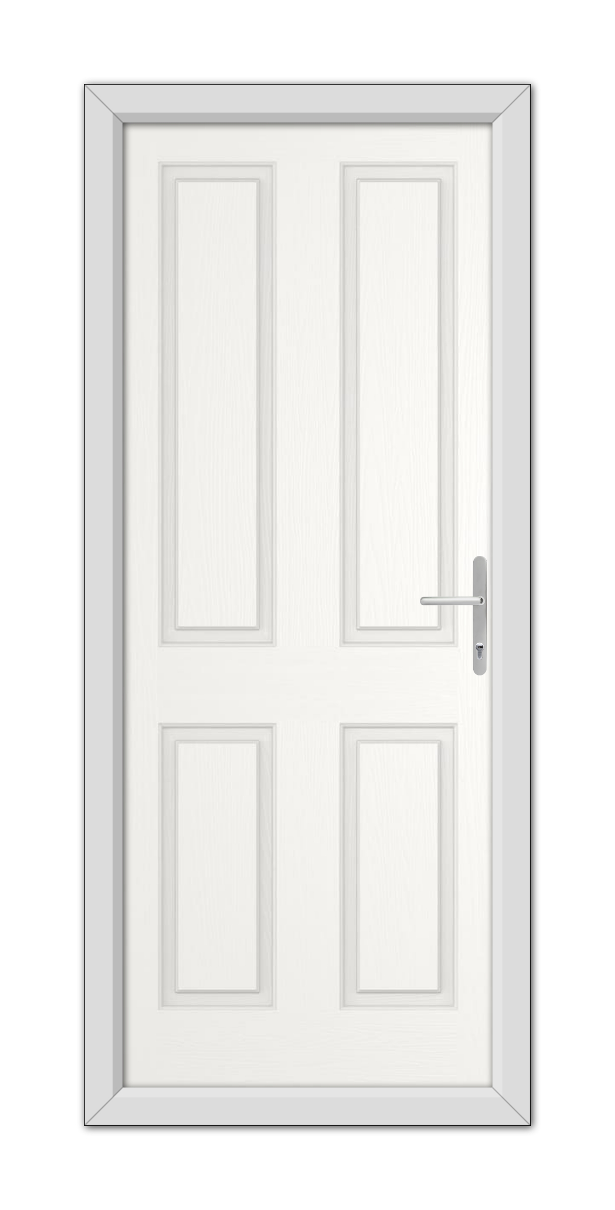 A White Whitmore Solid Composite Door 48mm Timber Core with a simple handle, each door featuring four rectangular panels, set in a gray frame.