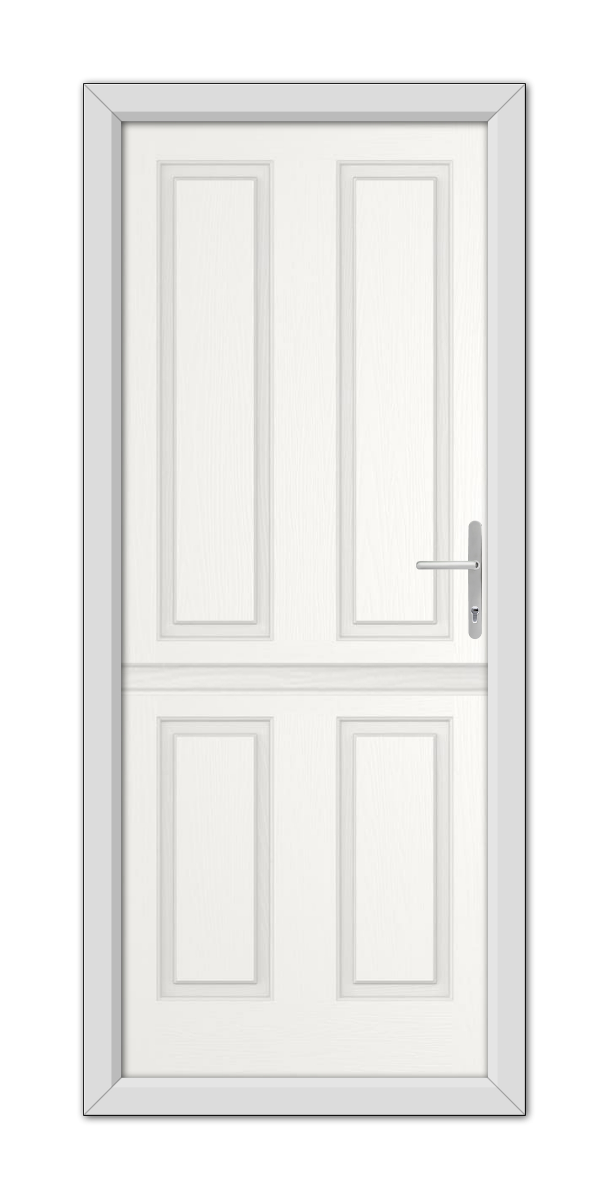 A closed White Whitmore Solid Stable Composite Door 48mm Timber Core with a metal handle, set within a simple frame, viewed head-on against a white background.