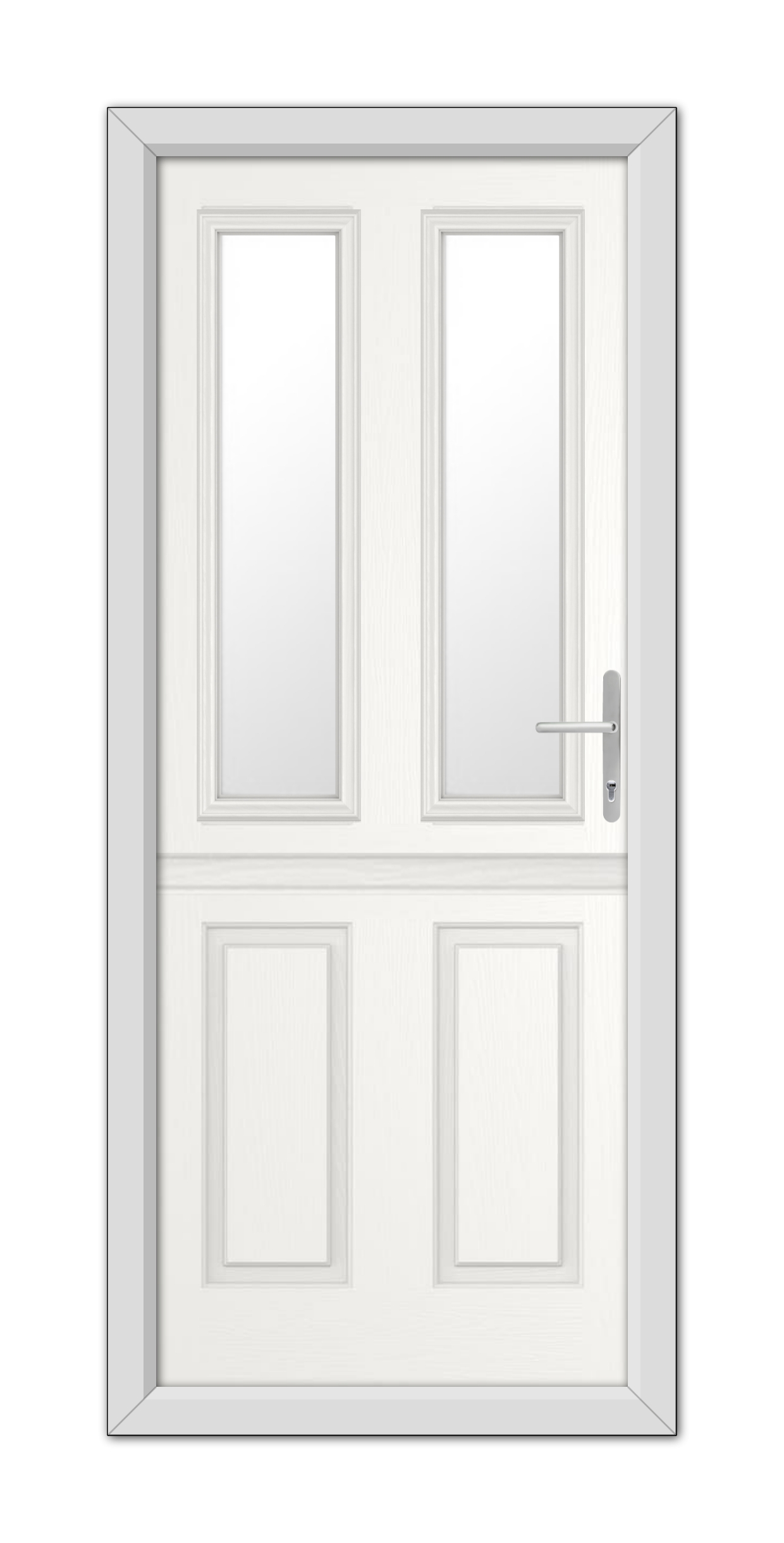 A White Whitmore Stable Composite Door 48mm Timber Core with a modern handle, framed in a simple white casing, indicating a closed entrance.
