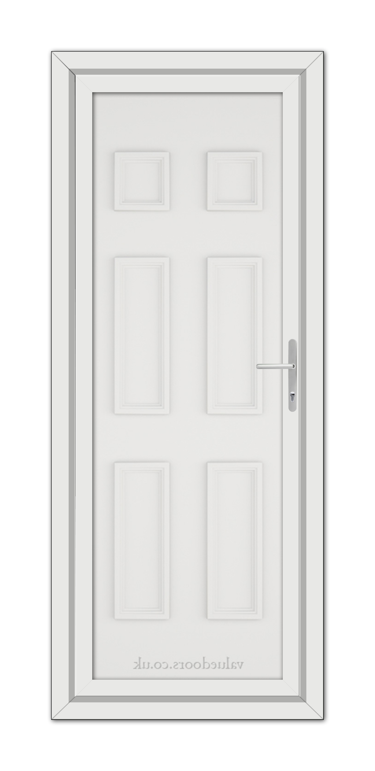 A closed White Windsor Solid uPVC door with six raised panels and a metal handle, set within a simple frame.