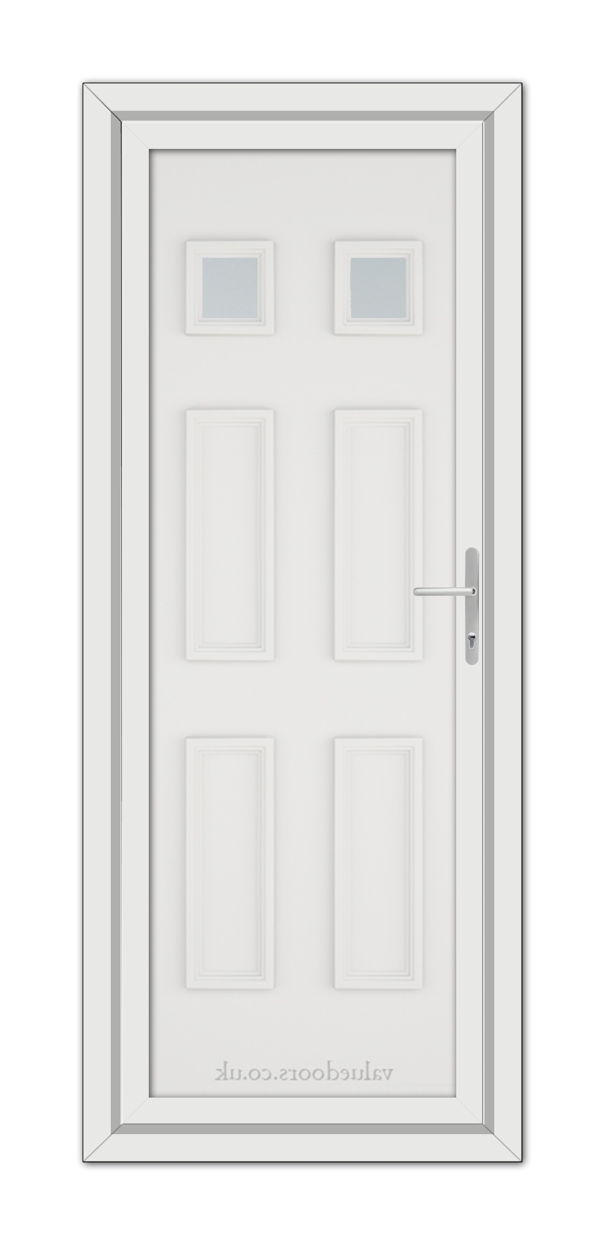 A White Windsor uPVC Door with a metal handle and three small square windows at the top, set within a grey frame.