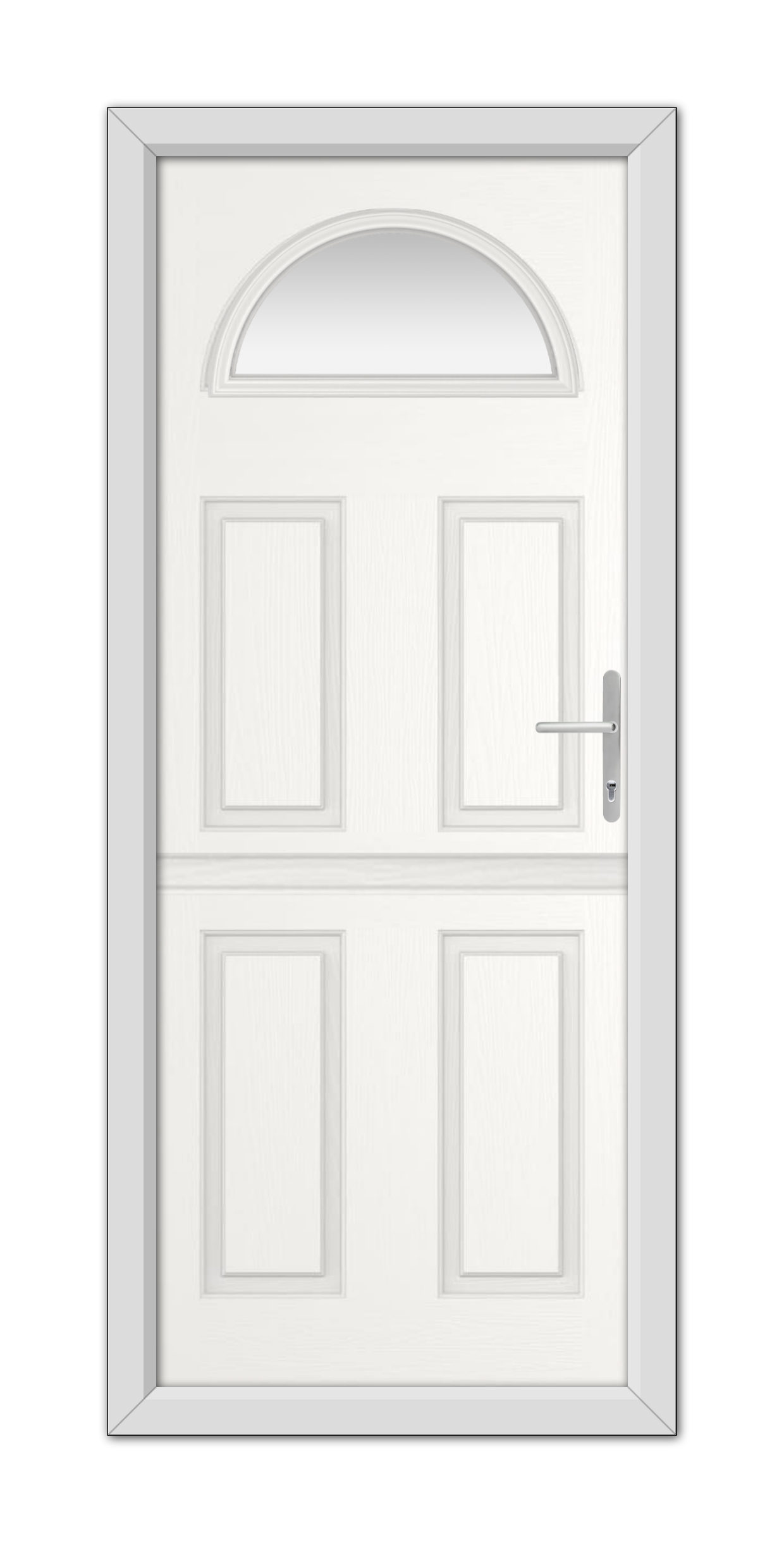 A White Winslow 1 Stable Composite Door 48mm Timber Core with six panels and a semicircular translucent window at the top, featuring a metal handle on the right side.