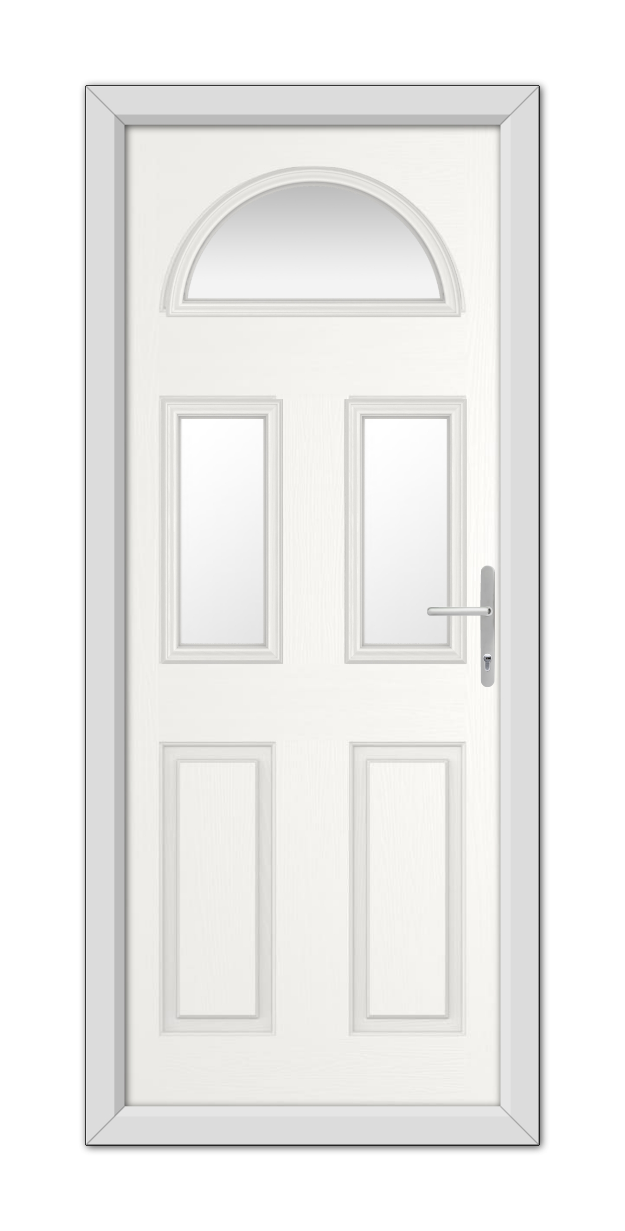 A White Winslow 3 Composite Door 48mm Timber Core with an arched window at the top and a modern handle, set within a simple frame.