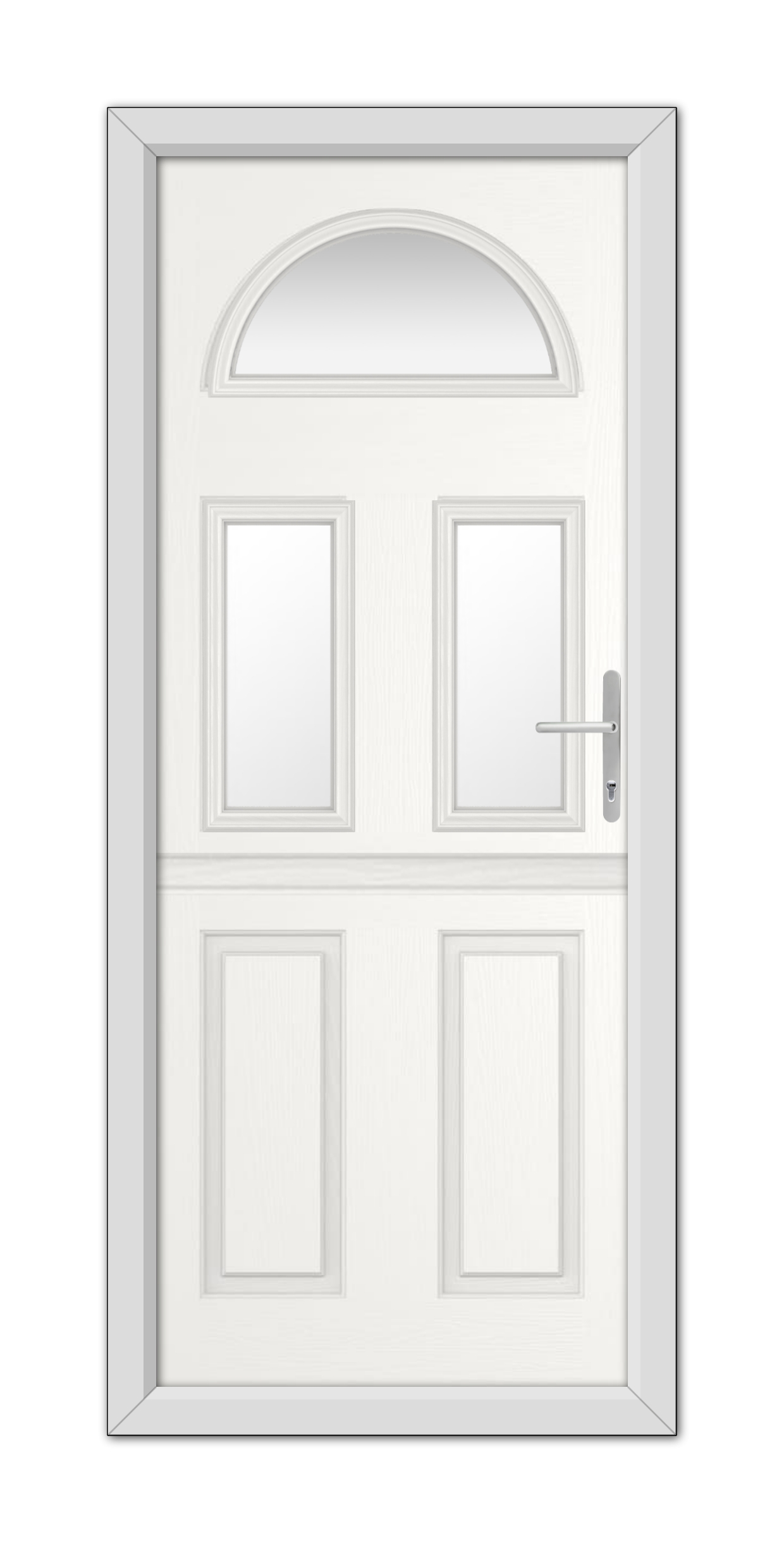 White Winslow 3 Stable Composite Door 48mm Timber Core with an arched window at the top and a metallic handle, set in a simple frame.
