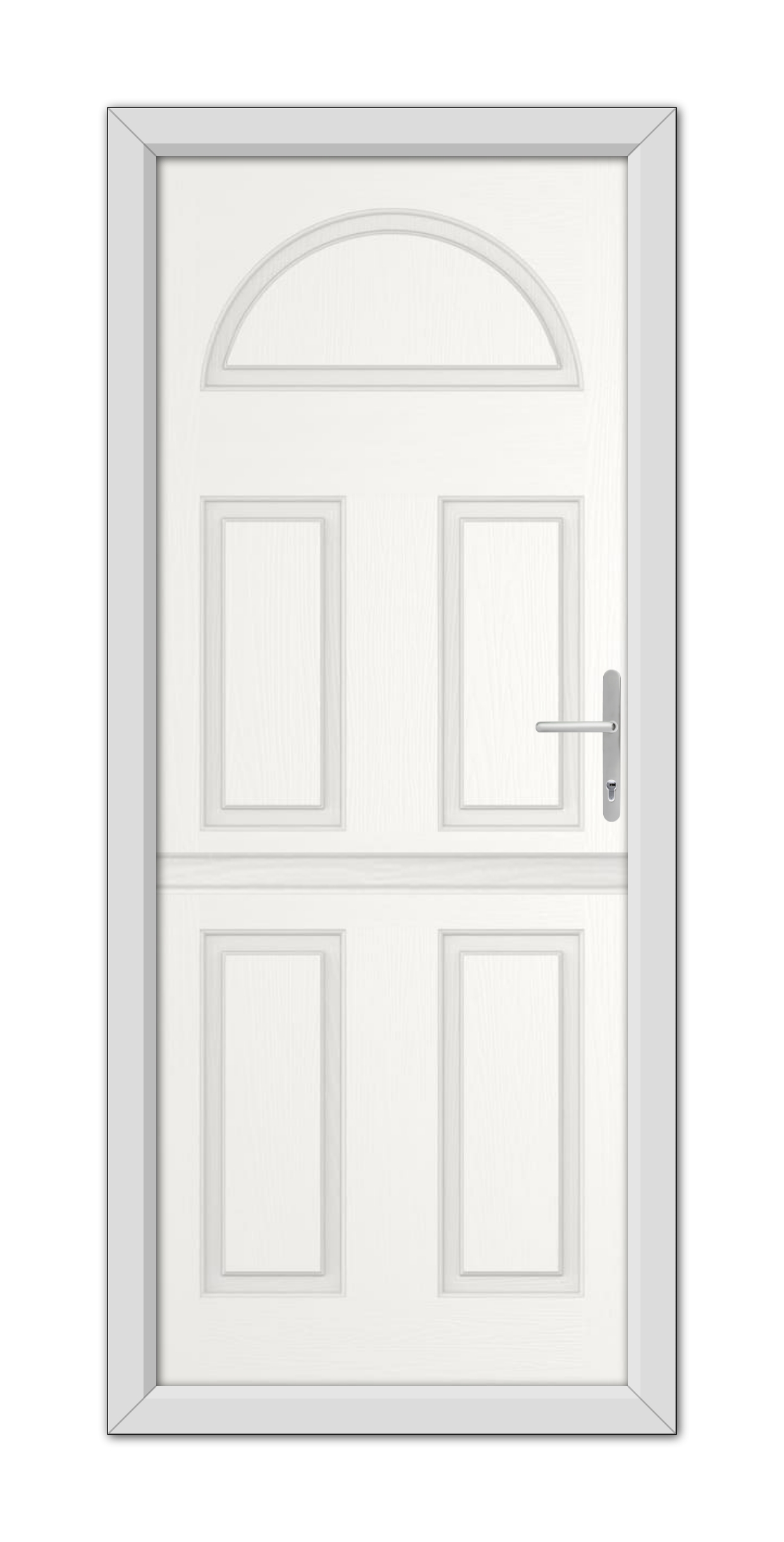 A White Winslow Solid Stable Composite Door with a semicircular arch window at the top and a modern handle, set in a plain frame.