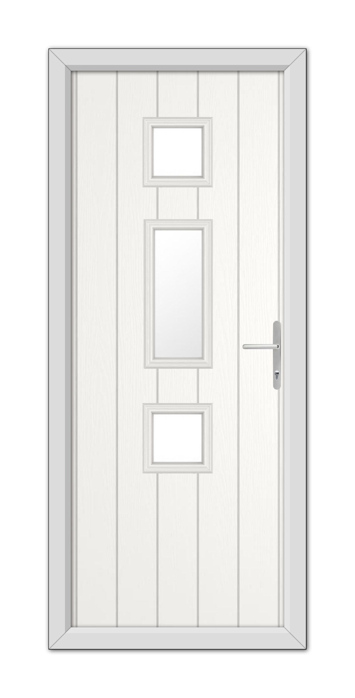 A White York Composite Door 48mm Timber Core featuring three rectangular frosted glass panels arranged vertically and a stainless steel handle, set within a simple frame.
